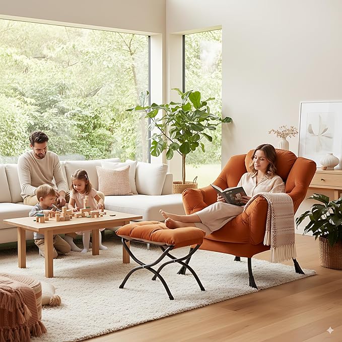 LITA Lazy Chair with Ottoman Modern Lounge Accent Chair with Armrests and a Side Pocket Leisure Upholstered Sofa Chairs Set Reading Chairs with Footrest for Small SpaceOrange