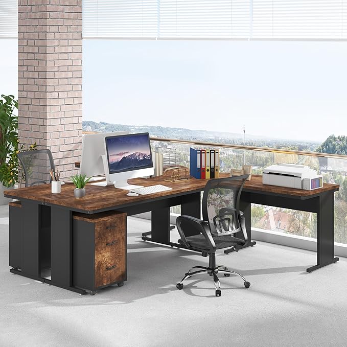 Tribesigns 83 L-Shaped Executive Desk Reversible Modern Office Desk with Drawers &amp Rolling File Cabinet Large Corner Computer Desk Business Workstation for Home Office (Brown)