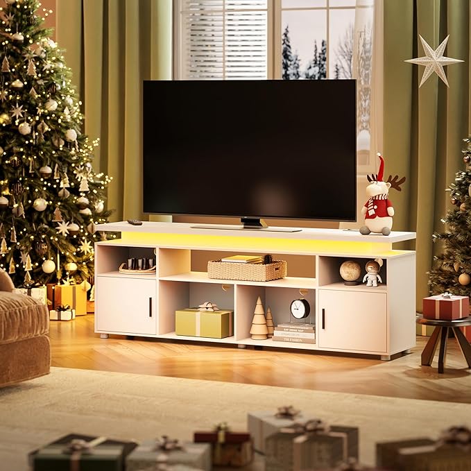 SUNCOZE TV Stand Entertainment Center with LED Lights and Cabinet for 70/75/80 Inch Modern TV Console Gaming Media Television Stands with Power Outlets for PS5 in Living Room and Bedroom White