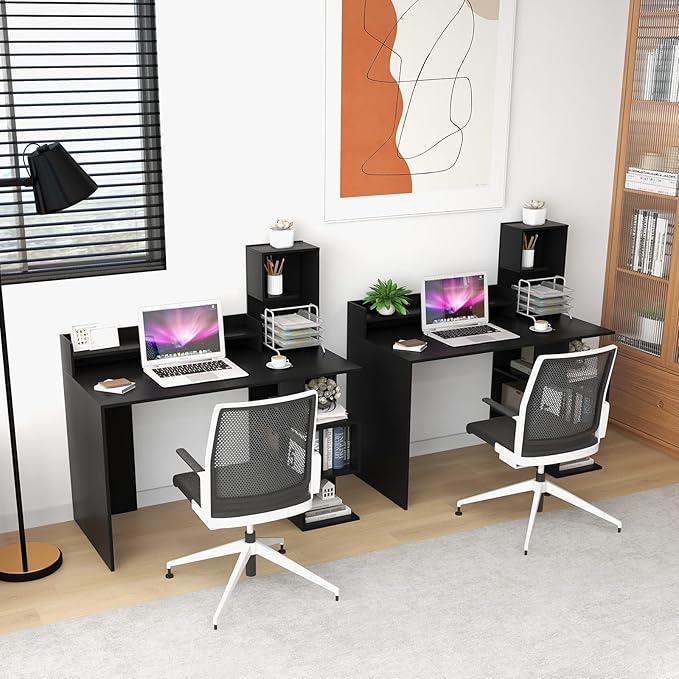 Tangkula Computer Desk with Storage Bookshelf &amp Hutch 48” Modern Home Office Desk with 8 Storage Shelves Space Saving Writing Study Desk for Bedroom Compact Computer Workstation for Home (Black