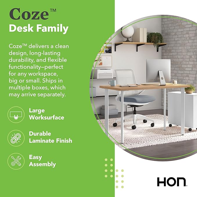 HON Coze Home Office Desks Sturdy Table Computer Desk 48 Natural Recon Top White Base