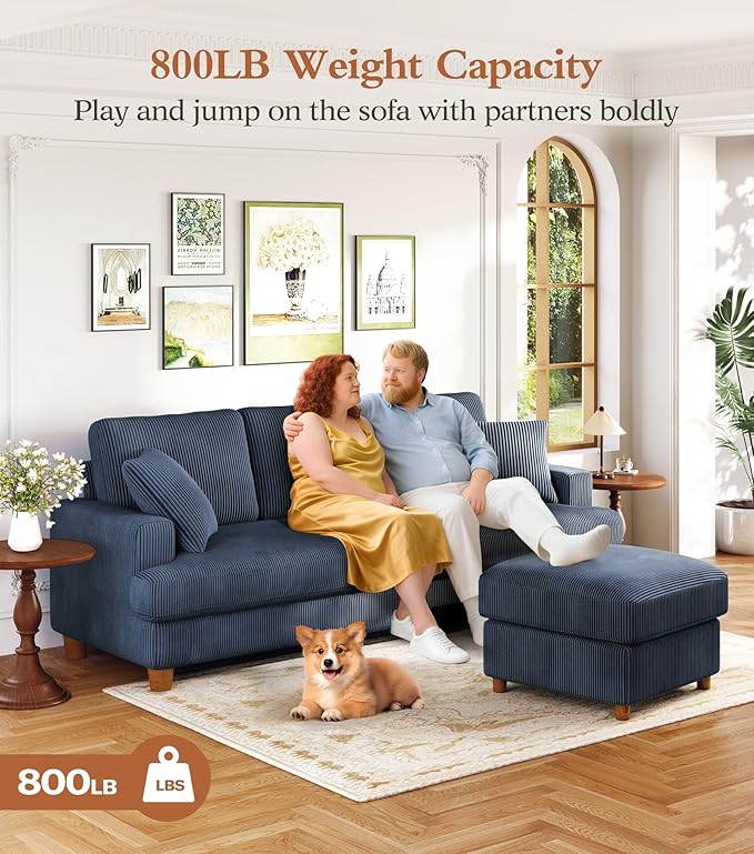 Kidirect 87in L Shaped Couch Modular Sofa No Tool Assembly Comfy Sectional Couches for Living Room 21in Deeper Seats Corduroy Sofas for Living Room with 2 Pillows Loveseat Sofa Set Blue Couch | C