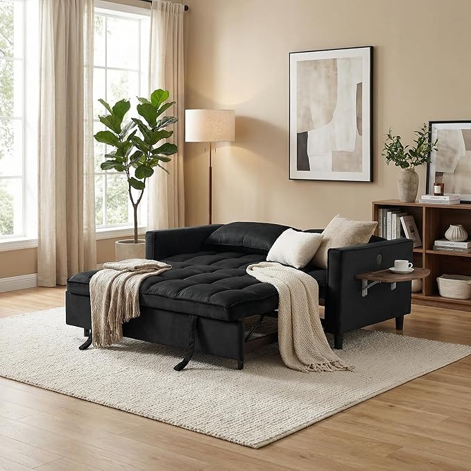 3 in 1 Sofa Bed Pull Out Couch with Side Pockets Loveseat Sleeper Sofa Bed with Side Table Pull Out Couch with USB Ports for Living Room Bedroom Apartment Black