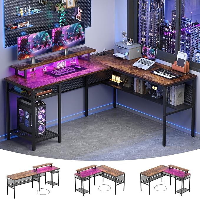 Cyclysio Reversible L Shaped Computer Desk with LED Lights &amp Power Outlets Office Corner Desk with Shelves &amp Monitor Stand Home Office Desk Gaming Table with Unique Grid Design (Rustic Brown