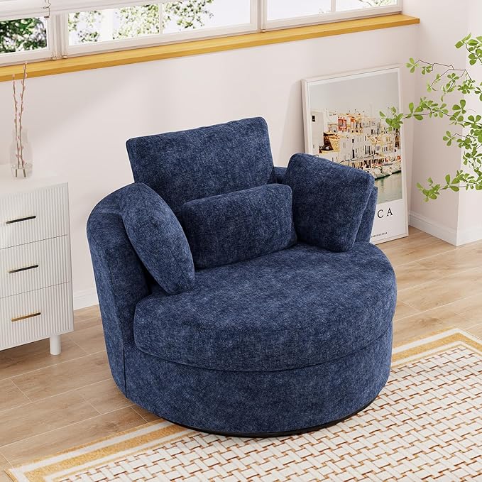 Oversized Swivel Accent Barrel Chair Set of 2 Chenille Upholstered Comfy Round Swivel Chair with Pillows 360 Degree Modern Lounge Reading Sofa Armchair for Nursery Living Room Bedroom(Navy Blue)
