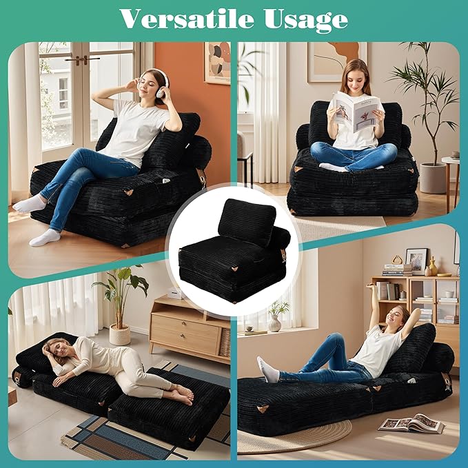 Folding Sofa Bed Convertible Sleeper Chair with Pillow Back Support Foldable Corduroy Futon Floor Couch Comfy Fold Out Chair Bed for Living Room Bedroom Dorm Black