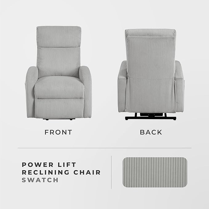 Lexicon Power Lift Recliner Chair for Elderly with Remote Control Gentle Lift Motion Side Pocket Armrest Corduroy Upholstered Electric Recliner for Living Room/Bedroom Easy Assembly Light Gray