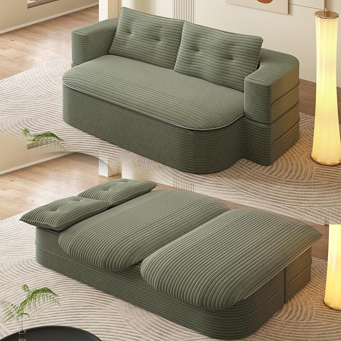 78.7 Full Size Boneless Couch Bed Plush Corduroy Memory Foam Floor Sofa with Multi Functional Blanket 2 in 1Convertible Sleeper Sofa Bed for Living Room Offices Apartment No Assembly (Green)