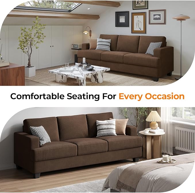 89 Inch Sofa with Extra Deep Seats Oversize 3 Seater Sofa for Living Room Modern Couch and Sofa Comfy Armrests and Seats and Backrests Easy Installation Corduroy Fabric Brown