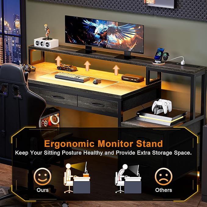 REAHOME 61 Inch Gaming Desk with Charging Station and LED Lights Reversible Computer Desk with Storage Drawer and Monitor Stand Modern Desk Table with File Cabinet &amp Side Pocket Grey Oak