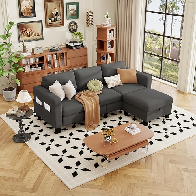 ZeeFu Sectional Sofa Couch with Storage Ottoman 78 L Shaped Modular 3 Seater Couches for Living Room Modern Linen Fabric Set for Small Space Apartment Office