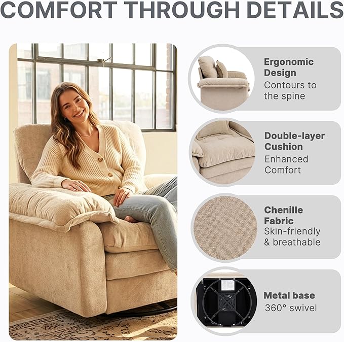 360° Swivel Accent Chair Oversized Plush Modern Chenille Armchair with Padded Seat &amp Back Comfy Spinning Chair for Living Room Bedroom Office (Oatmeal)