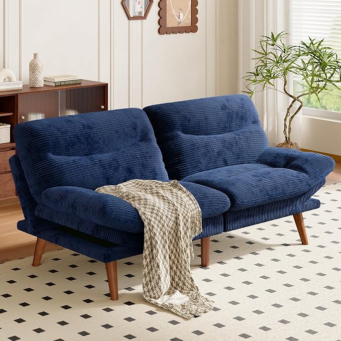 Amada 66 Convertible Futon Sofa Bed Corduroy Folding Futon Set with Adjustable Backrest &ampArmrests Recliner Lounge for Living Room Apartment or Office Solid Wood Frame Loveseat Sofa - Blue