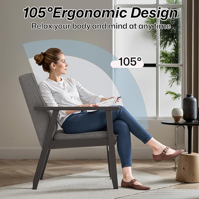 Modern Accent Chair with Arm Rest Upholstered Linen Fabric Leisure Chair Comfy Side Chair with Backrest Button and Wooden Frame for Living Room Bedroom Reading(Gray)