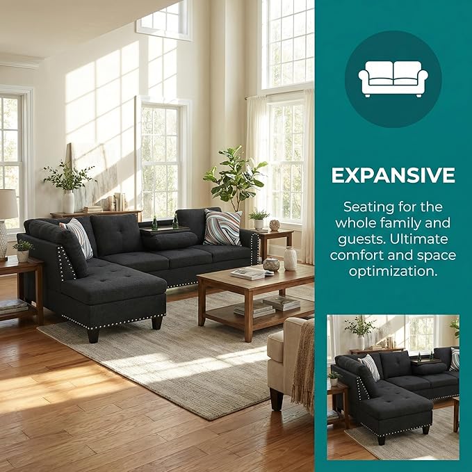 L-Shaped Sectional Couch with Cup Holders Living Room Sofa with Lounge Chaise Modern 4 Seater Sofa Couch for Living Room Small Apartment &amp Office Black Gray