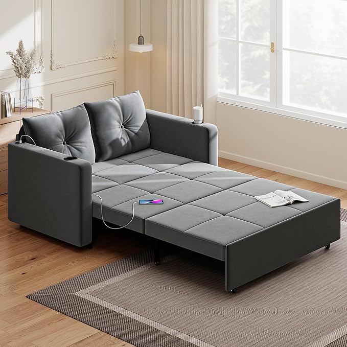 3 in 1 Pull Out Couch 56 Inch Velvet Sofa Bed Convertible Loveseat Sleeper Sofa for Living Room Small Space Upholstered Couch Bed with USB Cup Holder(Grey)