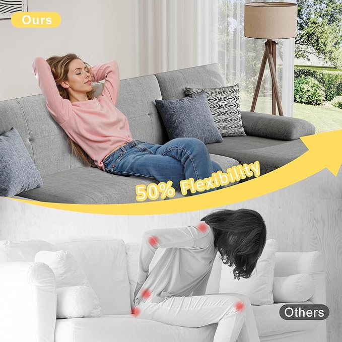 JY QAQA Sectional Couche with Soft Cushion U-Shaped Sofa with Double Chaise 4-Seat Linen Fabric Sofa Sets for Living Room Apartment Taupe