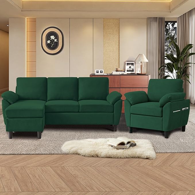 Convertible Sectional Sofa Set Modern L Shaped 3 Seat Sofa with Reversible Ottoman and Accent Chair Linen Sectional Couches for Living Room Green
