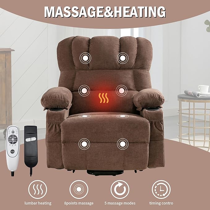 Power Lift Chaise LoungeModern Comfortable Massage Chair with HeatMulti Functional Reading Chair with Side Storage Pockets for for Living RoomBedroomStudyBrown.