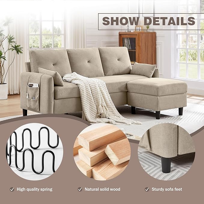 Small Sectional Sofa Convertible Sectional Sofa with Reversible Chaise Modern 3 Seat L-Shaped Sofa Couches for Living Room Apartment Office Beige