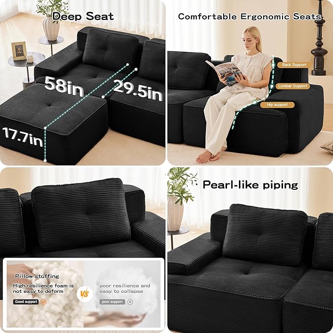 82'' Boneless Couch Modular Sectional Sofa Modern Sectional Couches for Living Room with Deep Seat Comfy Corduroy Cloud Couch Tufted Loveseat Small Sofa Couches Sleeper Sofas Black