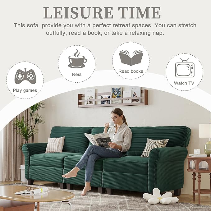 94 Sofa for Living Room 3 Seater Couch with Deep Seat Modern Comfy Corduroy Couches for Apartment Small Space Dark Green