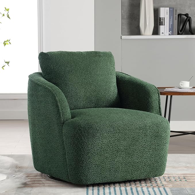 Upholstered Swivel Barrel Chair 31 Wide Modern Fabric Ergonomics Single Sofa Chair Living Room Bedroom Accent Chair Comfy Club Swivel Chair (Boucle Green)