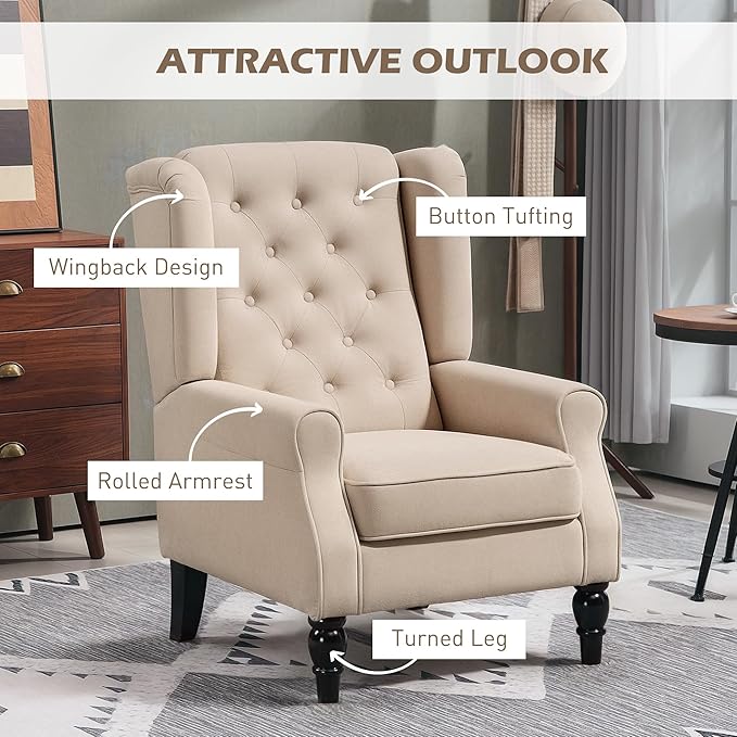 HOMCOM Mid-Century Modern Accent Chair High Wingback Reading Chair Button-Tufted Upholstered Fabric Armchair with Retro Wood Legs for Apartment Living Room Bedroom Beige