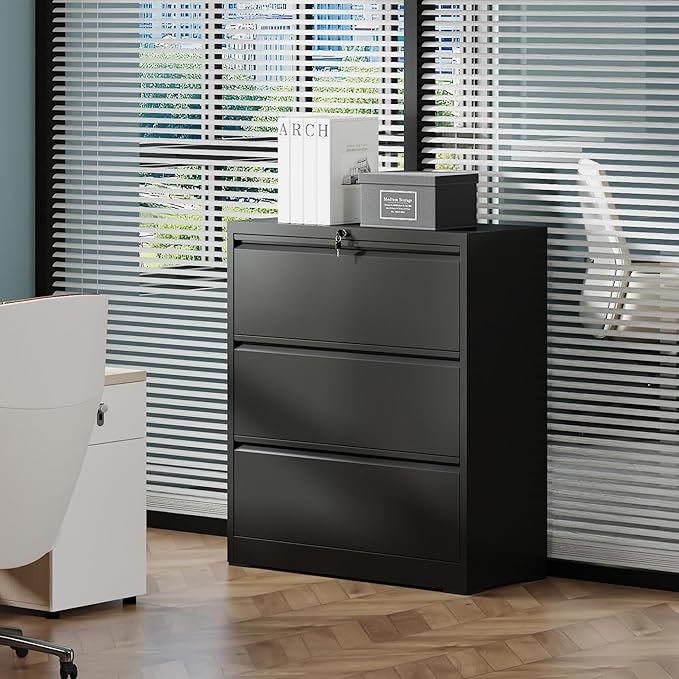 3 Drawer Small File Cabinet with Lock - Filing Cabinet for Home Office Under Desk Locking Drawers Storage Cabinet OrganizerBlack