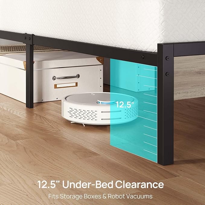 Rolanstar Queen Bed Frame with LED Lights and Charging Station Wood Storage Headboard and Under Bed Storage Metal Platform Noise Free No Box Spring Needed Grey