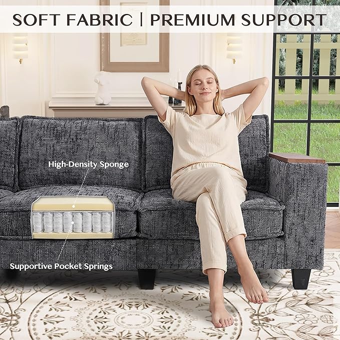 97 L Shaped Sectional Couch Comfy Chenille Sectional Couch Modular Convertible V Shaped Couch 5 Seat Corner Sofa with 2 Pillows &amp Storage Armrests for Living Room Grey