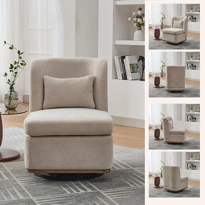 Swivel Accent Chair for Living Room25.2 Modern Chenille 360° Rotating Armless Chair with Metal BaseUpholstered Seat &amp PillowReading Chair for Office &amp Bedrooms (Beige)