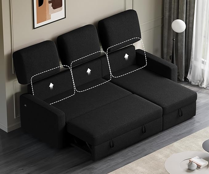 Yaheetech Sectional Sofa L-Shaped Sofa Couch Bed w/Chaise &amp USB Reversible Couch Sleeper w/Pull Out Bed &amp Storage Space Living Room Black