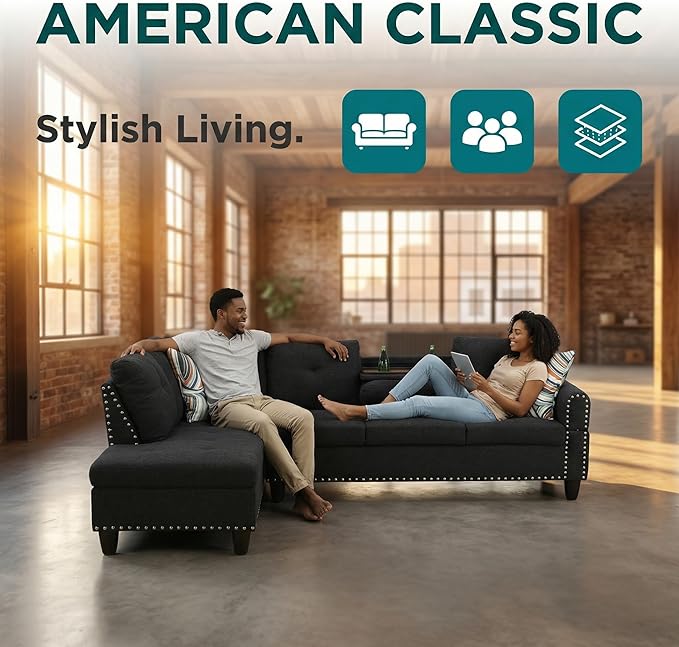 L-Shaped Sectional Couch with Cup Holders Living Room Sofa with Lounge Chaise Modern 4 Seater Sofa Couch for Living Room Small Apartment &amp Office Black Gray