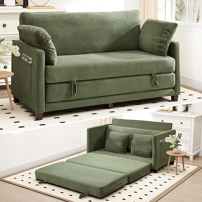 65 Convertible Loveseat Sofa Bed 2-in-1 Folding Sofa Bed with 2 Pillow for Small Spaces Modern Loveseat Sleeper Couch for Apartment Living Room &amp Guest Room (Green Corduroy 65 inch)