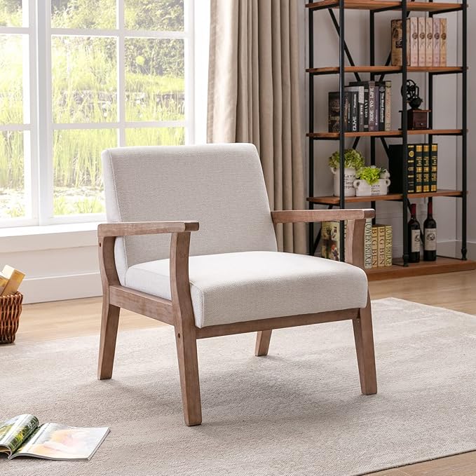 Wahson Comfy Living Room Chairs Linen Upholstered Accent Chairs Farmhouse Armchairs with Natural Wood Frame Oversized Decorative Chair for Bedroom Beige