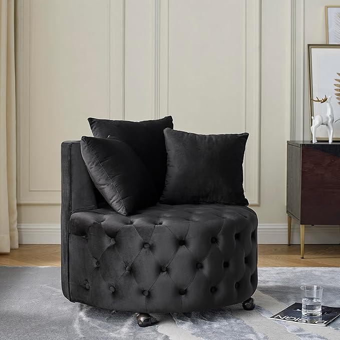 Anwick Velvet Swivel Barrel ChairModern Upholstered Accent Chair with WheelsLarge Single Sofa Chair for Living Room Club Bedroom Home Office (Black+Velvet)