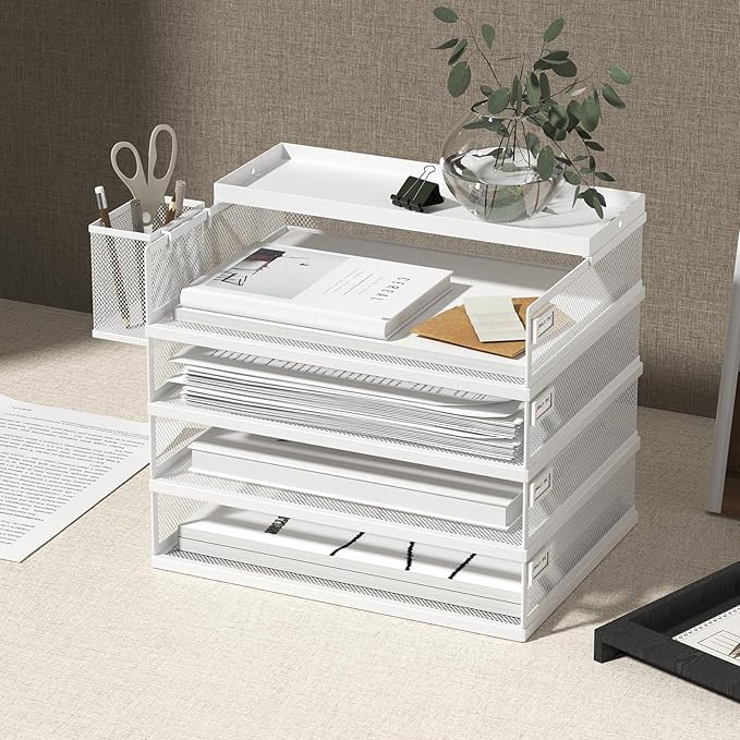 Metal Stackable Letter Trays 4-Tier Desk Organizer &amp Paper Trays for Office Stackable File &amp Document Tray with Magnetic LabelsWhite