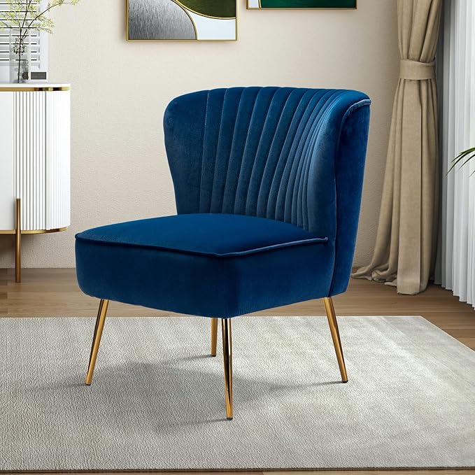 Tina's Home Velvet Armless Accent Chair Upholstered Modern Small Side Chair with Golden Legs Comfy Cute Wingback Slipper Chair for Living Room Study Beauty Room Thickly Padded(Navy)