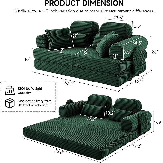 79 Sofa Bed Deep Seat 32 Sleeper Sofa 5-in-1 Convertible Sofa Bed Boneless Couch in a Box Corduroy Floor Futon with Thickened backrest and Headrest Pillows Side Pockets Olive Green