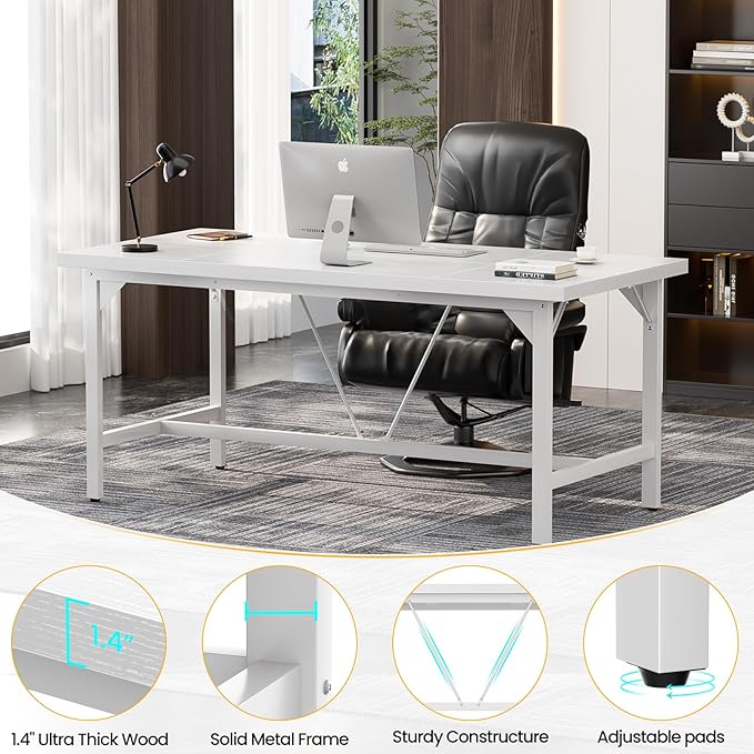 Unikito 63 Inch Computer Desk Sturdy Large Office Desk Premium 2 Person Long Desks Super Thick Study Writing Gaming Table Modern Computer Table for Home Office Workstation Easy to Assemble White