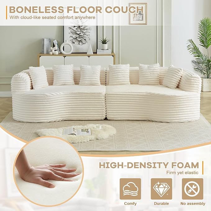 106” Oversized Curved Sectional Couch Corduroy Memory Foam Boneless Compression Sofa Couch with 6 Pillows Modern Floor Deep Seat Sofa for Living Room Office Apartment No Assembly Needed Beige
