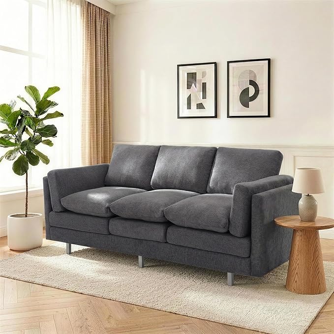 Christopher Knight Home Vincenzo 79.5 Sectional Sofa 3 Seater Couch Chenille Upholstered Sofa Chair Metal Legs Couch Dual-Layer Cushions Armchair Comfort Seating for Reading Living Room Gray