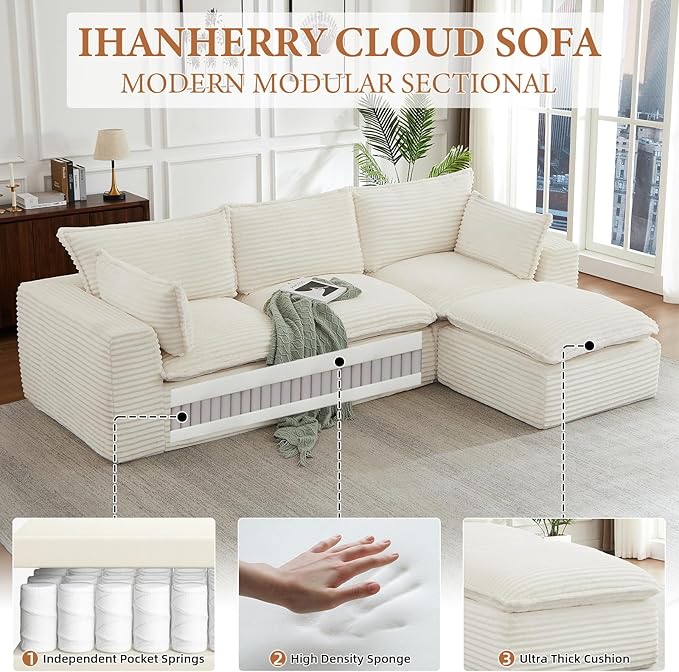 110 Inch Modular Sectional Sofa - Cloud Sectional Couch with OttomanCorduroy Boneless Couches with Deep SeatModern Sponge Compressed Couches for Living Room (White 4 Seat -L Shape Couch)