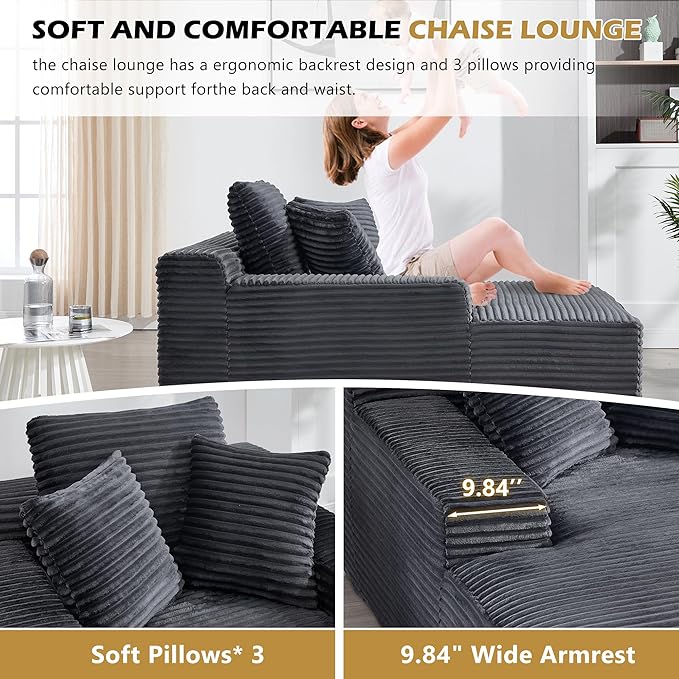 66 Oversized Chaise Lounge Chair Indoor Corduroy Upholstered Sofa Bed with Pocket Springs&ampHigh-Density Foam Deep Seat Sleeper Couch with 3 Pillows No Assembly for Living Room (Dark Grey)