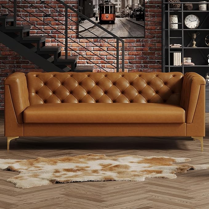 81 Mid-Century Modern Sofa CouchFaux Leather 3 Seater Sofa and Comfortable CushionsComfy Deep Seats Sofa Modern Couch for Living RoomOffice Apartment Small SpaceTool-Free AssemblyBrown