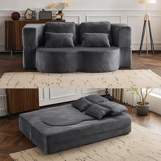 78 Plush Fabric Folding Floor Sofa Couch BedConvertible Folding Sofa Bed Full Size Love Seat Sleeper Bed with 4 Pillows for Living Room Apartment Office (Plush Fabric+Gray)