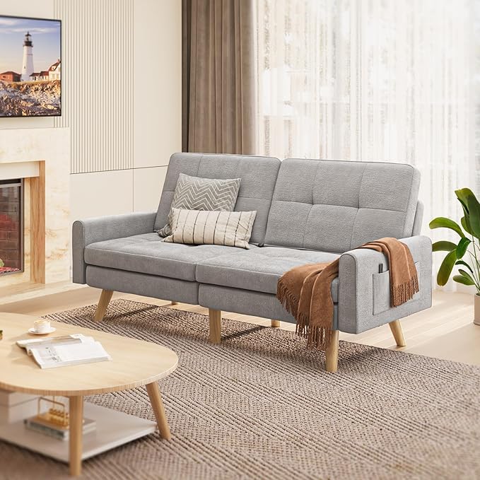 Gizoon 70.9 Sofa Bed Futon Couch Bed with Adjustable Backrest Modern Sleeper Sofa with Removable Armrest for Extended Length Love Seat for Living Room Office and Small Spaces Apartment Grey