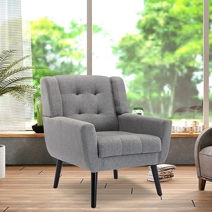 SSLine Linen Accent Arm ChairMid-Century Modern Upholstered Wingback Single Sofa Armchair Club Chair with Solid Wood Legs Thick Cushion for BedroomReadingLiving Room Chair (Light Grey)
