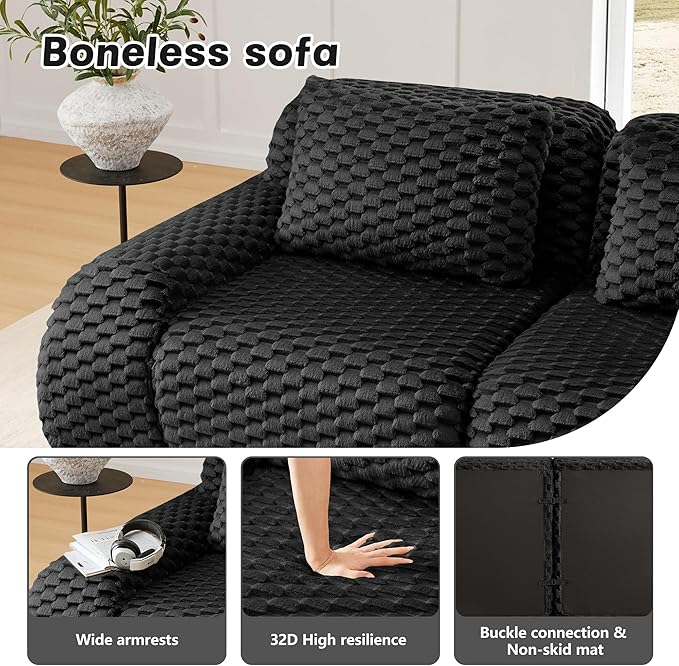82'' Boneless Couch Modular Sectional Sofa Oversized 2-Seater Couch with Buckle Connection Anti-Slip Design Flannelette Fabric Loveseat Small Sofa Couches for Living Room (Black 2 Seat)
